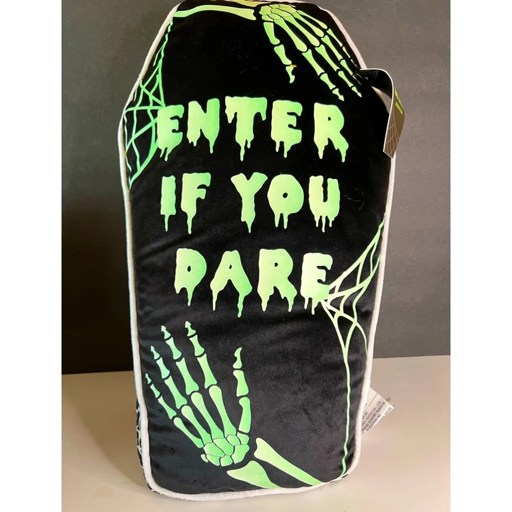 Halloween Glow in the Dark Coffin Throw Pillow Enter if you Dare Skeleton Hands